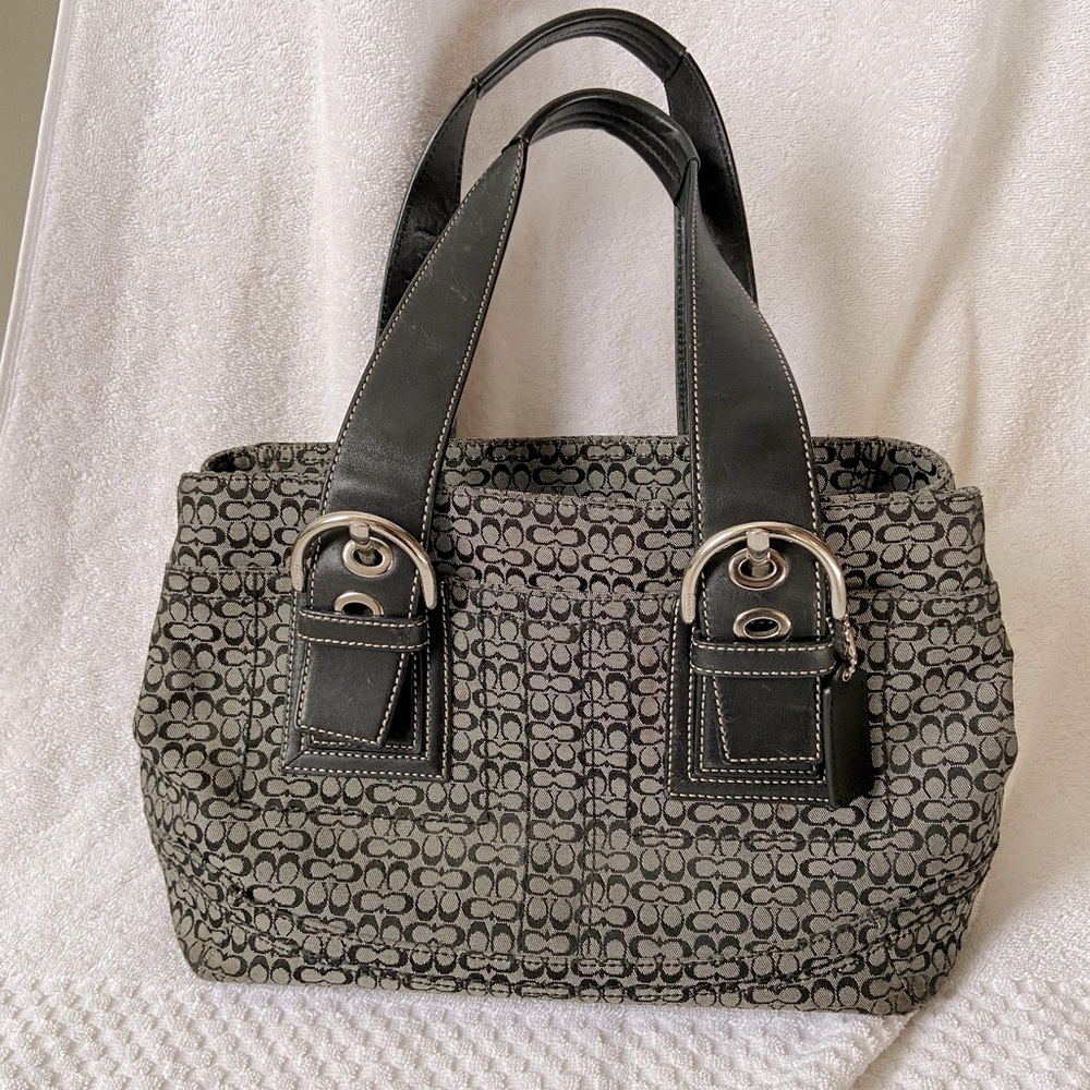 Coach ~ Black & Gray Handbag with Leather Straps.